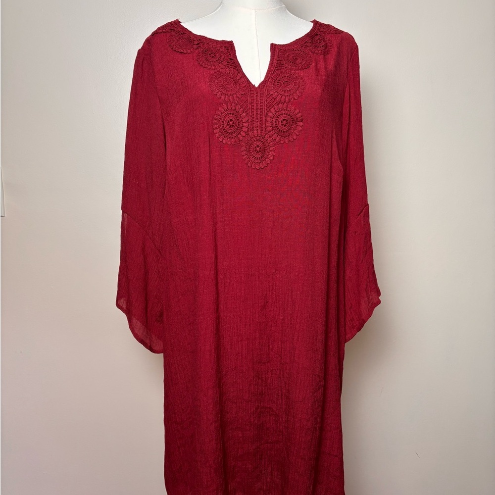 Indigo Rose Boho Tunic Dress Sheer Gauze Bell Sleeve Embroidered Neckline Sz 2XL